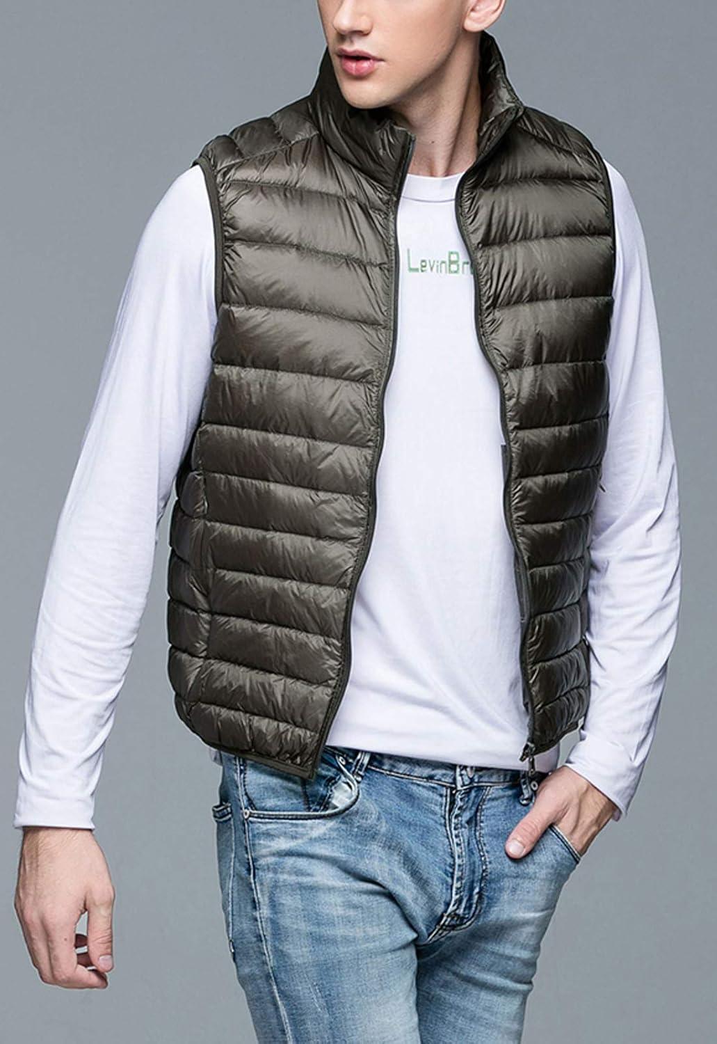 imageFlygo Mens Packable Lightweight Quilted Down Puffer Vest Insulated Gilet Jacket CoatArmy Green