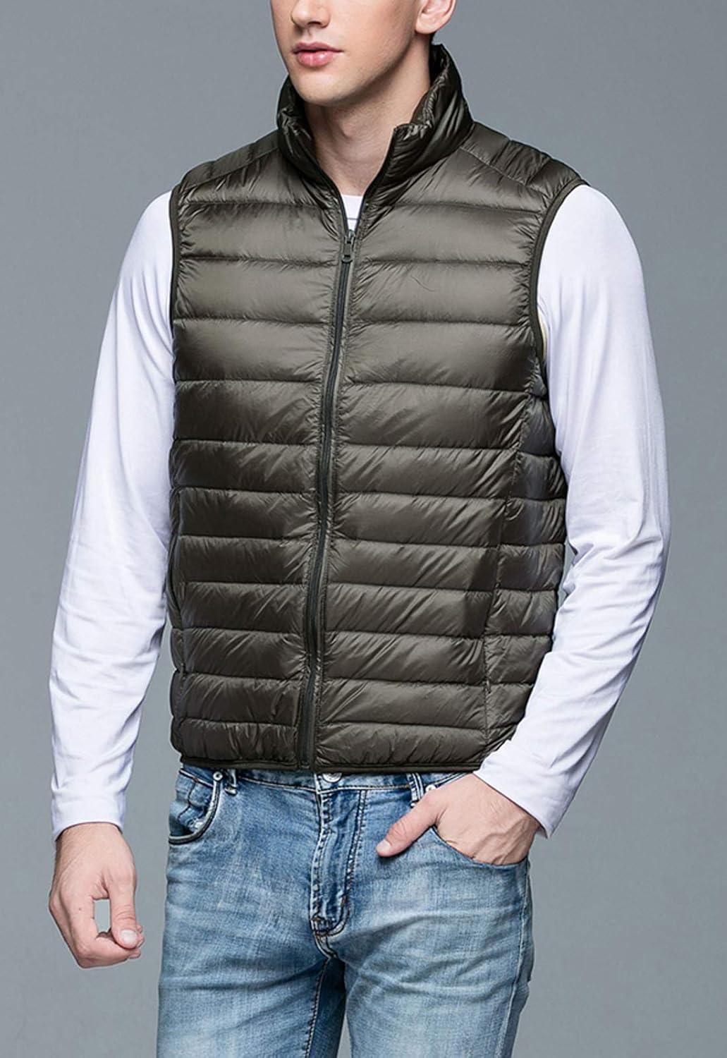 imageFlygo Mens Packable Lightweight Quilted Down Puffer Vest Insulated Gilet Jacket CoatArmy Green