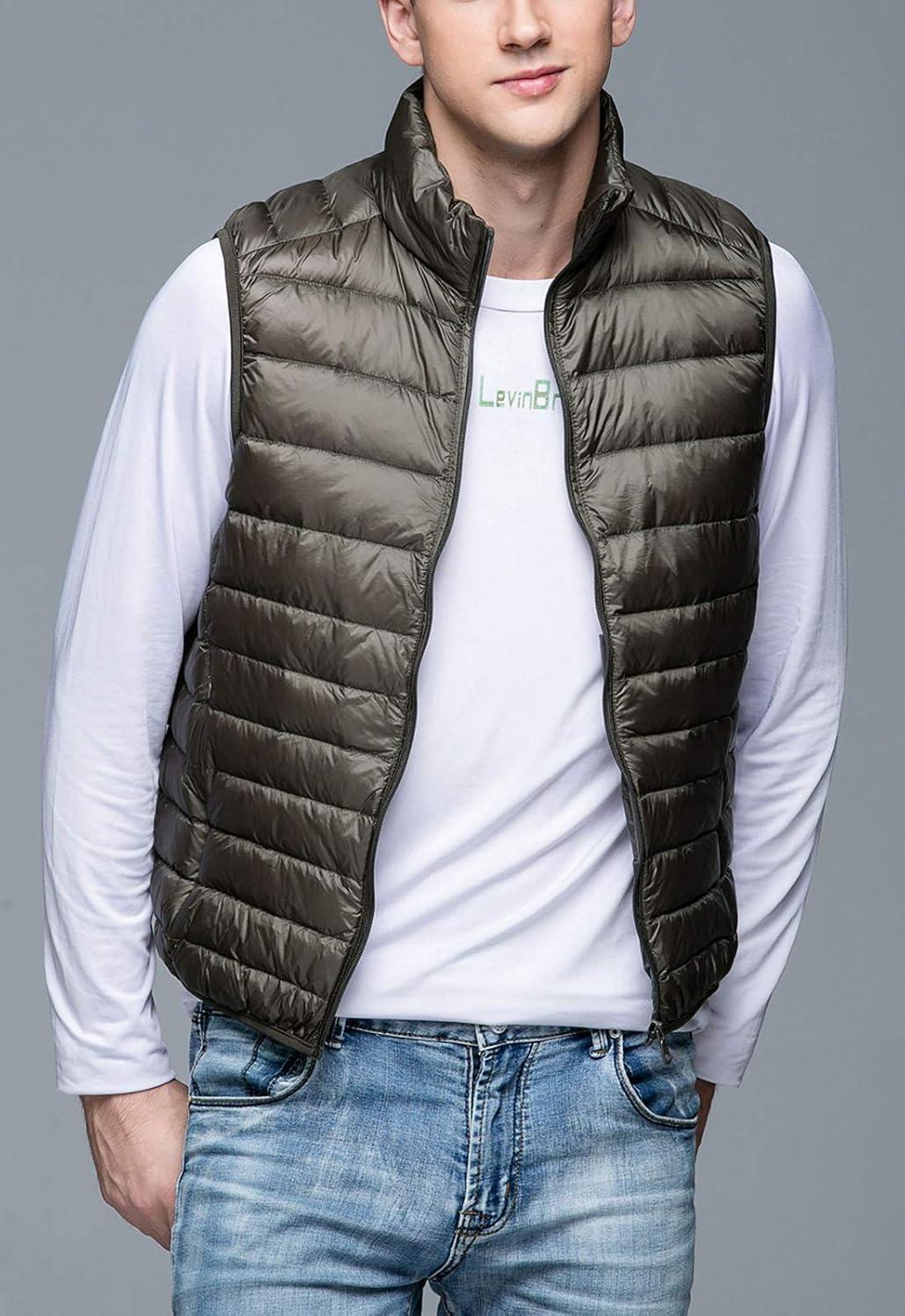 imageFlygo Mens Packable Lightweight Quilted Down Puffer Vest Insulated Gilet Jacket CoatArmy Green