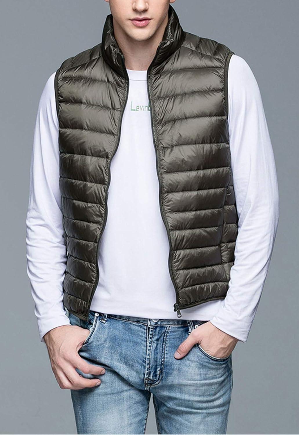 imageFlygo Mens Packable Lightweight Quilted Down Puffer Vest Insulated Gilet Jacket CoatArmy Green