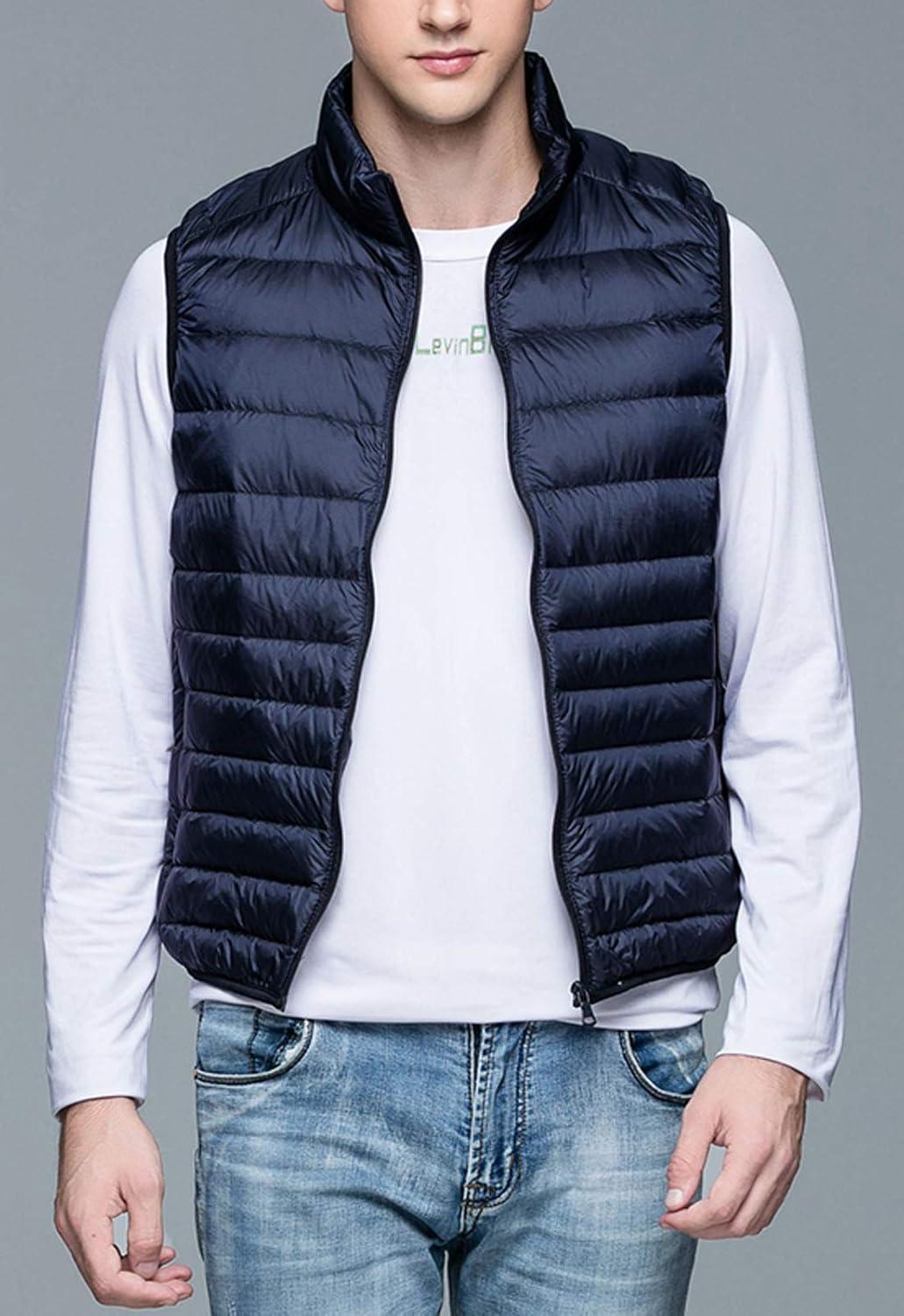 imageFlygo Mens Packable Lightweight Quilted Down Puffer Vest Insulated Gilet Jacket CoatNavy Blue