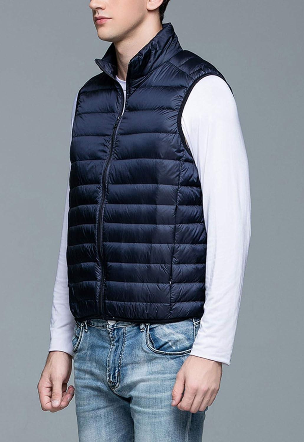 imageFlygo Mens Packable Lightweight Quilted Down Puffer Vest Insulated Gilet Jacket CoatNavy Blue