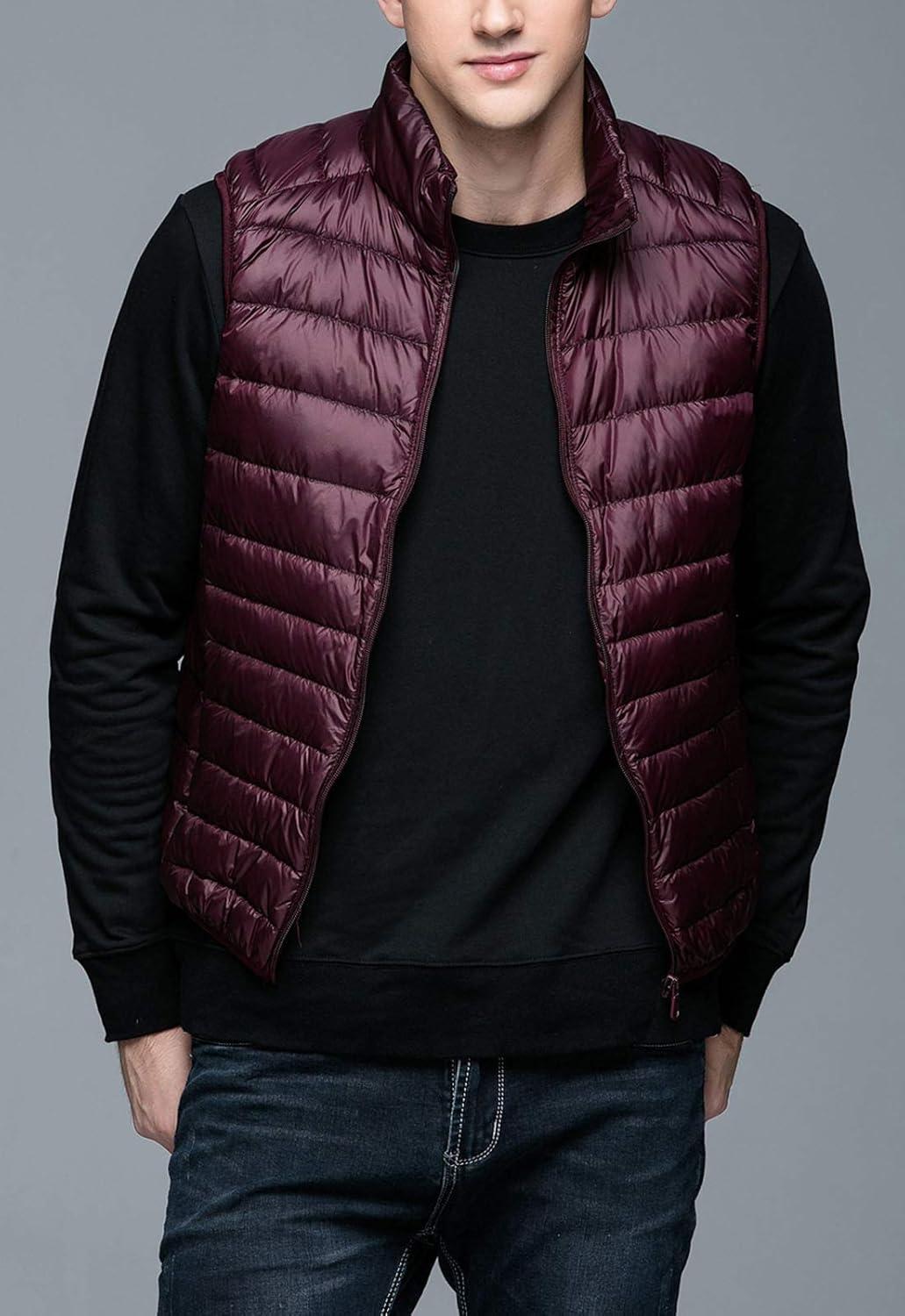 imageFlygo Mens Packable Lightweight Quilted Down Puffer Vest Insulated Gilet Jacket CoatWine Red