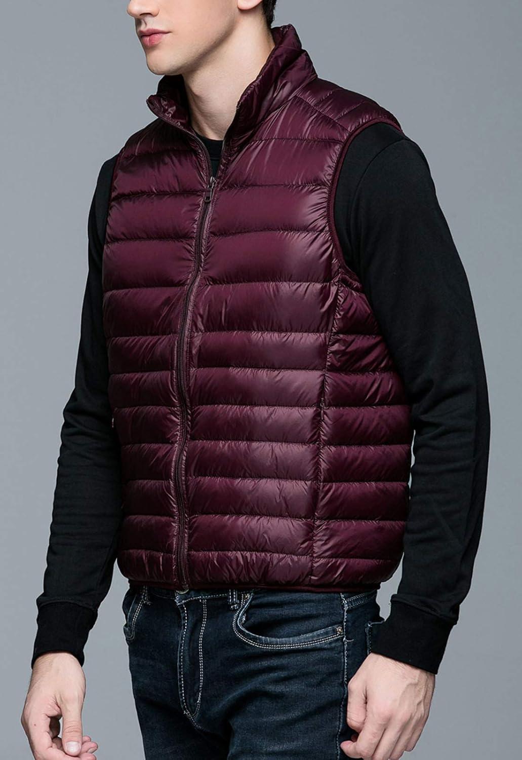 imageFlygo Mens Packable Lightweight Quilted Down Puffer Vest Insulated Gilet Jacket CoatWine Red