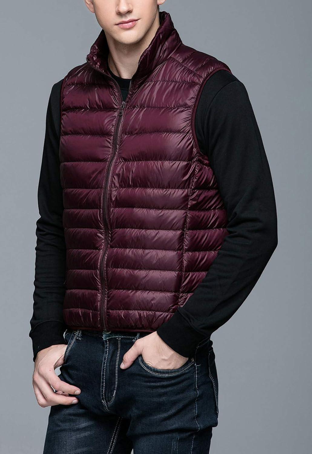 imageFlygo Mens Packable Lightweight Quilted Down Puffer Vest Insulated Gilet Jacket CoatWine Red