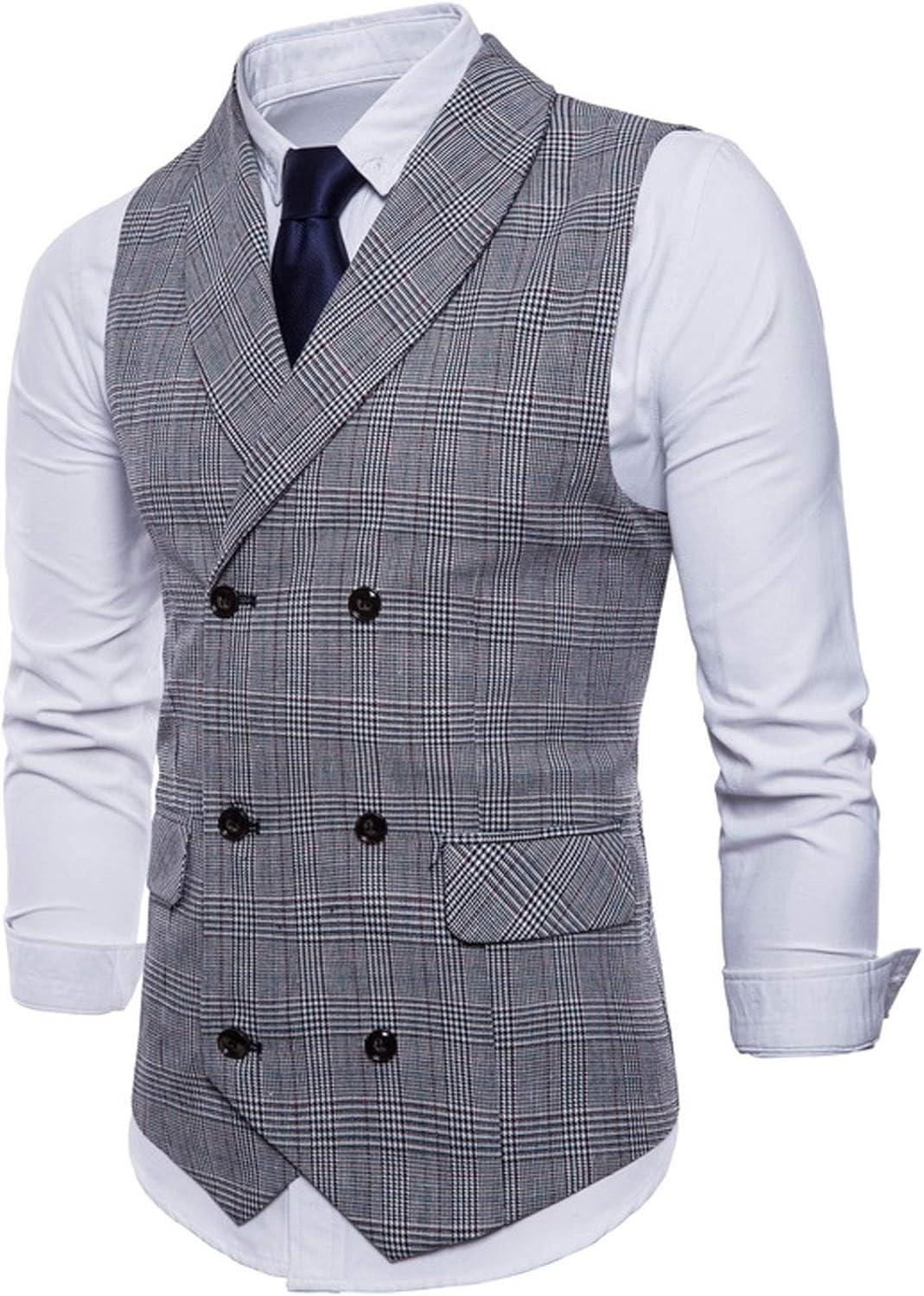 imageFlygo Mens Slim Fit Plaid Formal Business Vest for Suit Tuxedo WaistcoatGrey