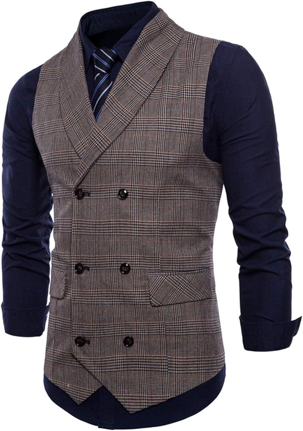 imageFlygo Mens Slim Fit Plaid Formal Business Vest for Suit Tuxedo WaistcoatKhaki