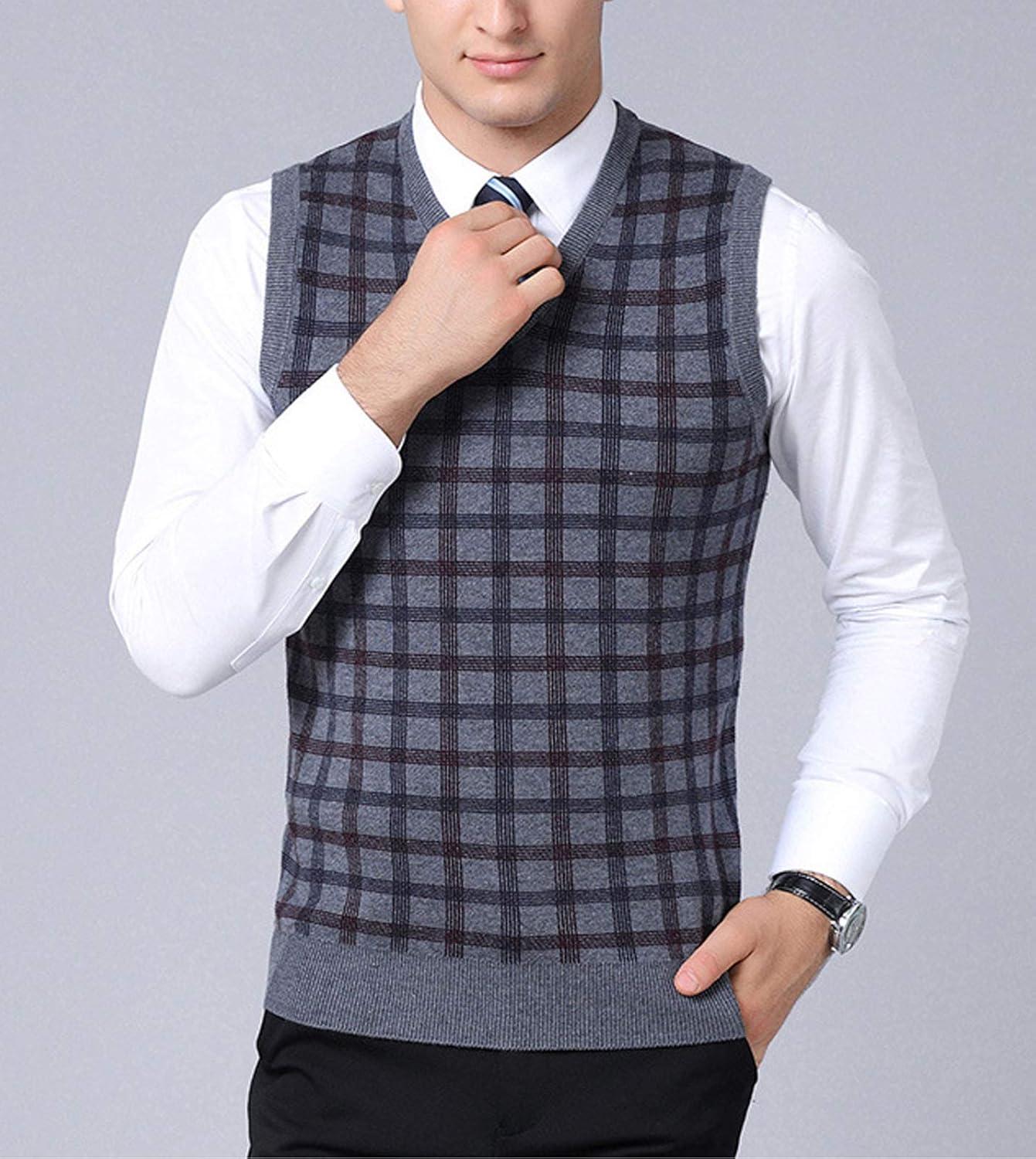 imageFlygo Mens Slim Fit Plaid Knitted VNeck Sweater Vests PulloverGrey
