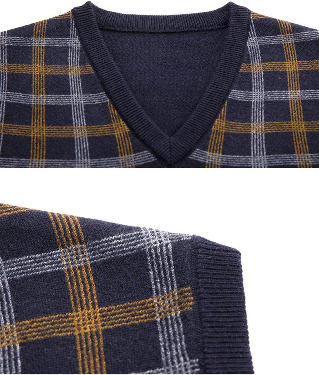 imageFlygo Mens Slim Fit Plaid Knitted VNeck Sweater Vests PulloverGrey