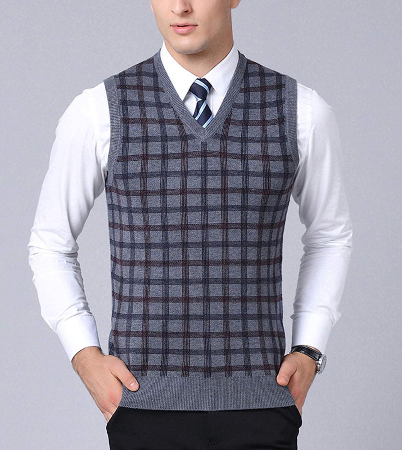 imageFlygo Mens Slim Fit Plaid Knitted VNeck Sweater Vests PulloverGrey
