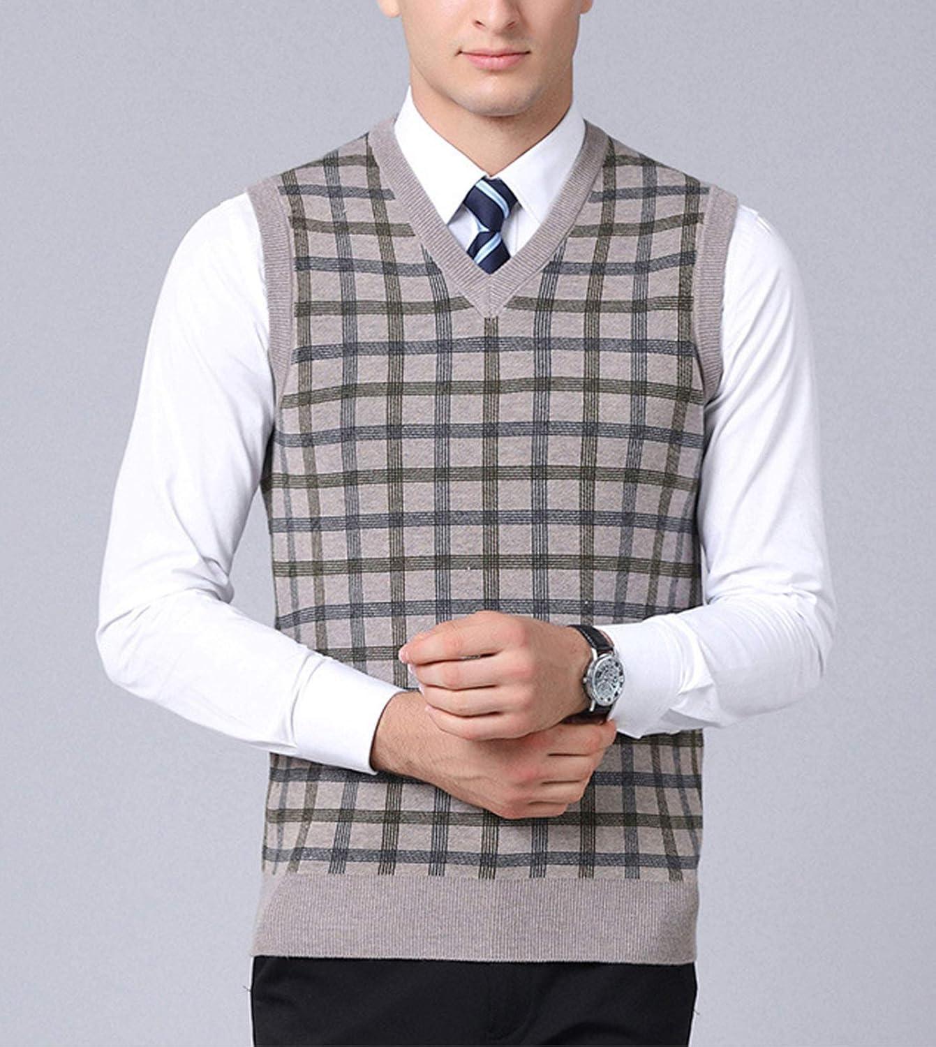 imageFlygo Mens Slim Fit Plaid Knitted VNeck Sweater Vests PulloverKhaki