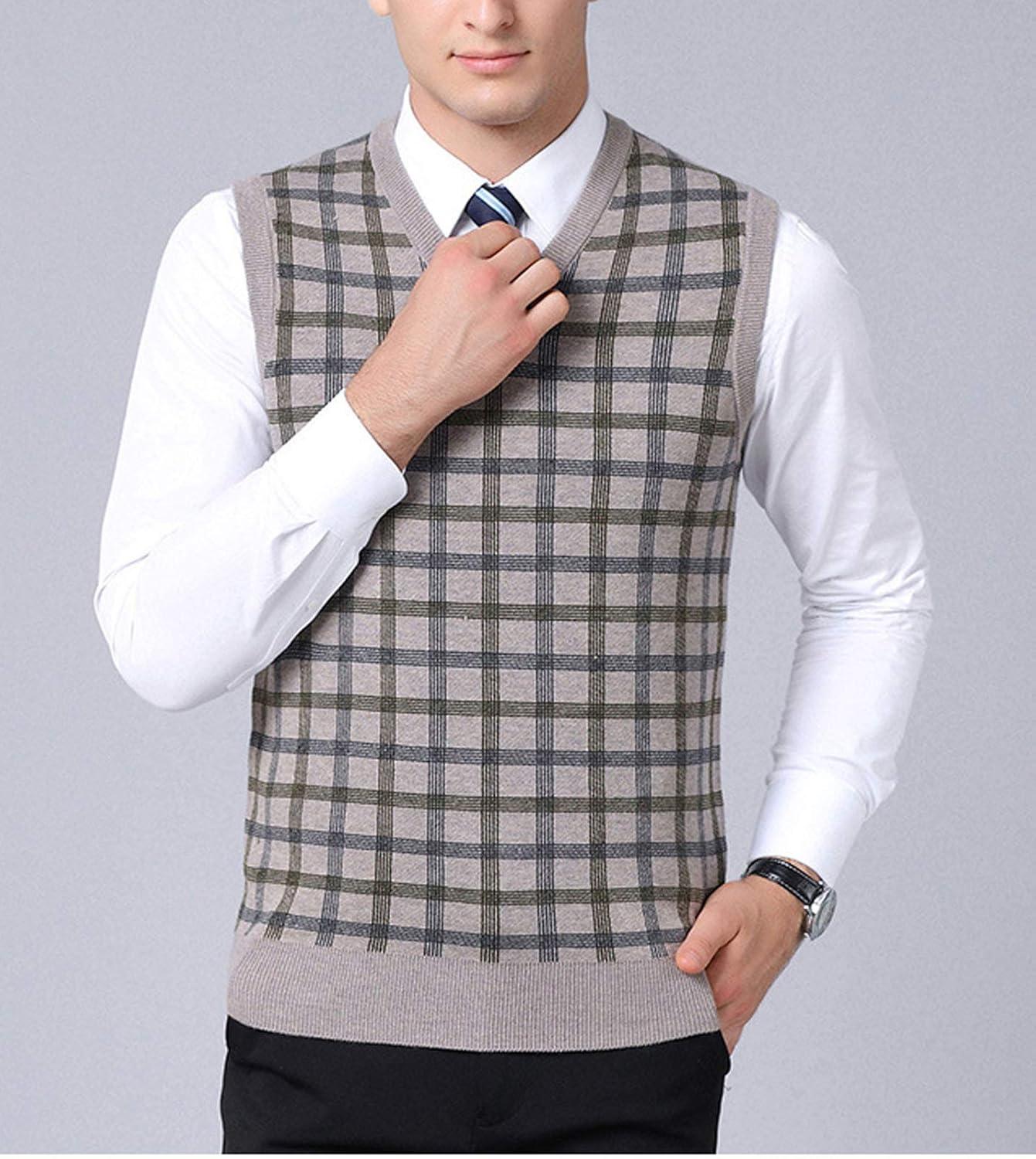 imageFlygo Mens Slim Fit Plaid Knitted VNeck Sweater Vests PulloverKhaki