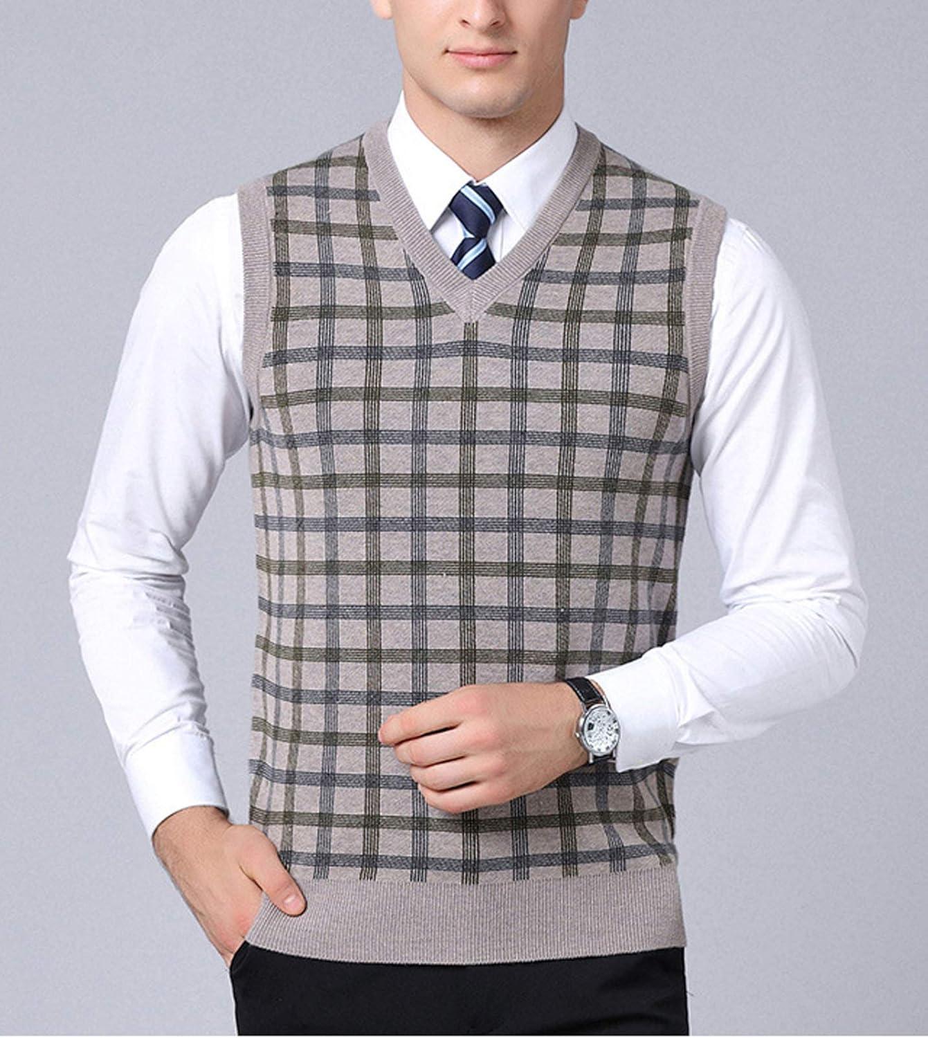 imageFlygo Mens Slim Fit Plaid Knitted VNeck Sweater Vests PulloverKhaki