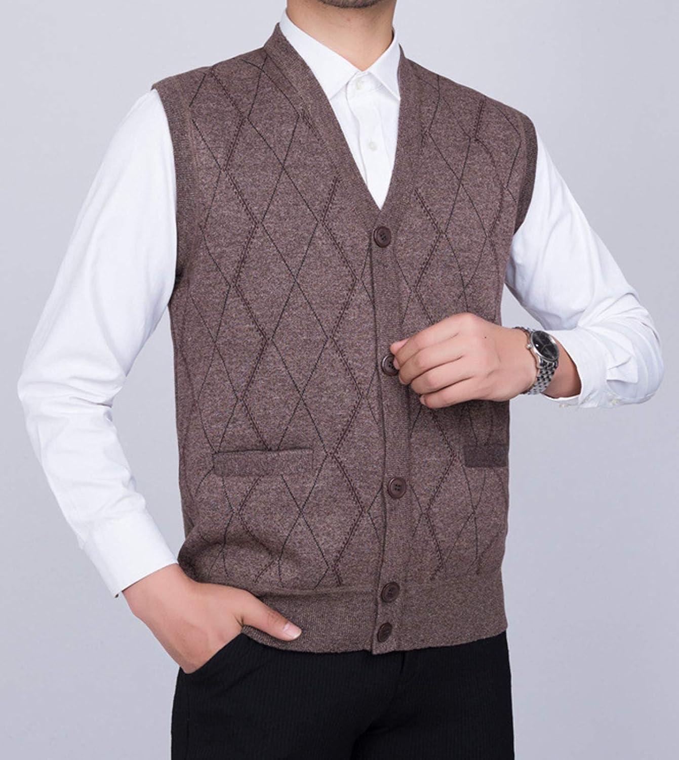 imageFlygo Mens Thermal Fleece Vest VNeck Button Up Knit Argyle Sweater VestsKhaki