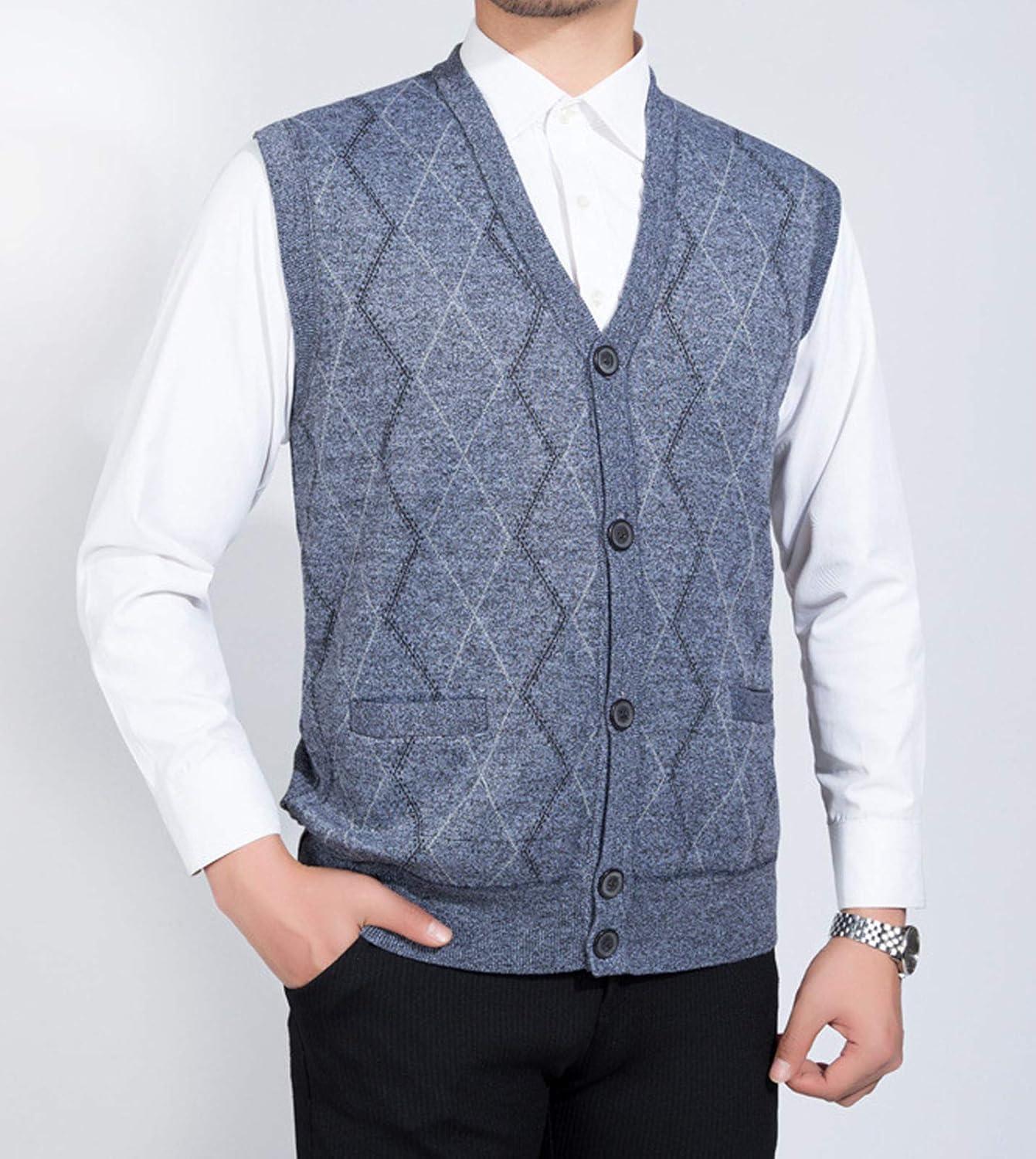 imageFlygo Mens Thermal Fleece Vest VNeck Button Up Knit Argyle Sweater VestsLight Grey