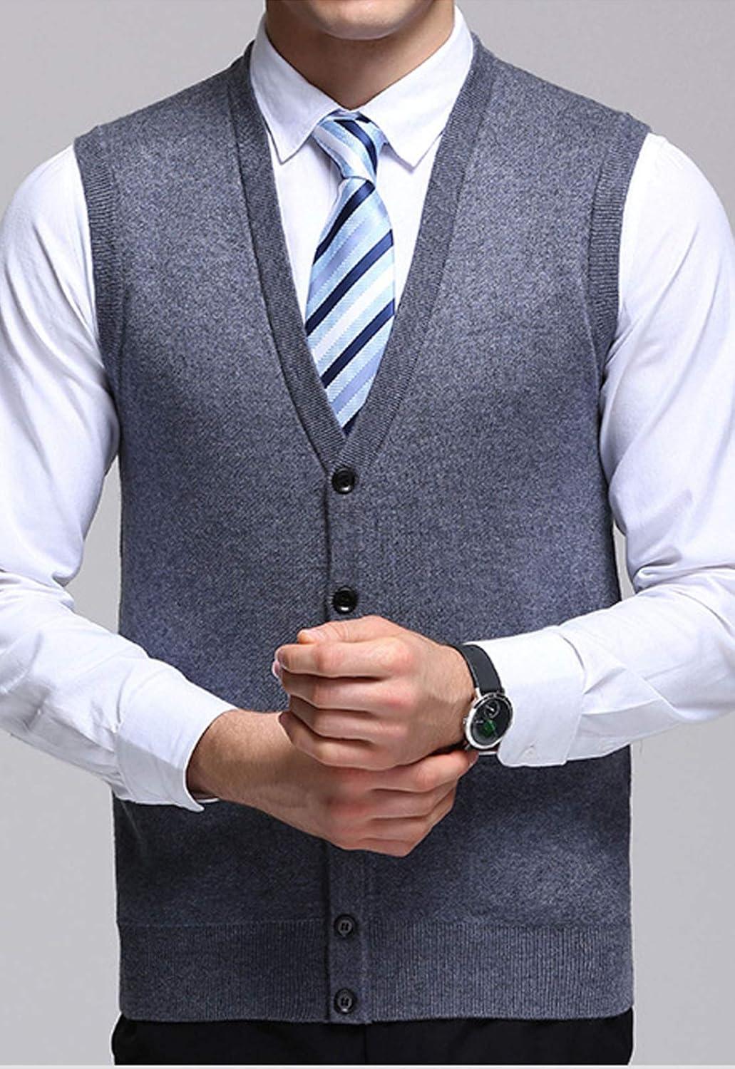 imageFlygo Mens VNeck Knitting Vest Classic Wool Blend Button Down Sweater VestGrey