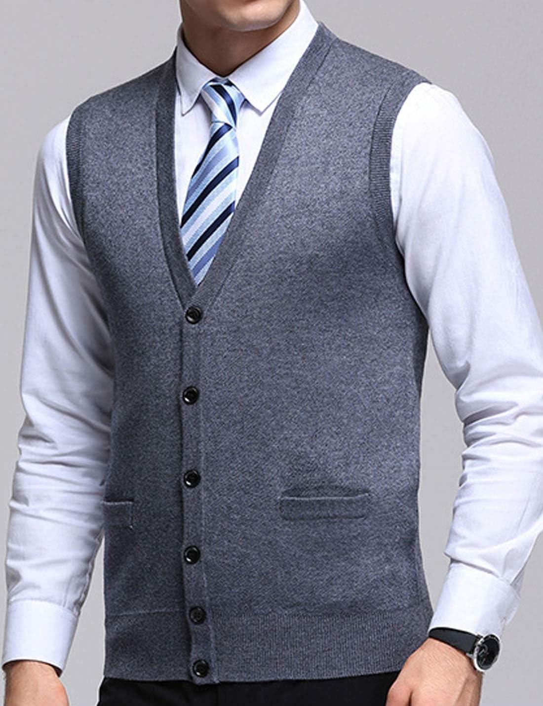 imageFlygo Mens VNeck Knitting Vest Classic Wool Blend Button Down Sweater VestGrey