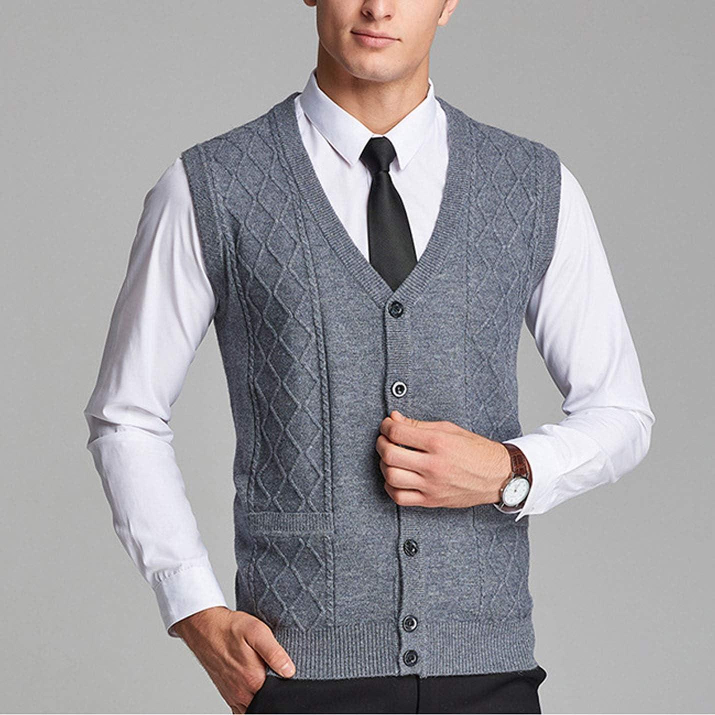 imageFlygo Mens VNeck Wool Knitted Sweater Vest Knitwear Waistcoat with Button FrontLight Grey