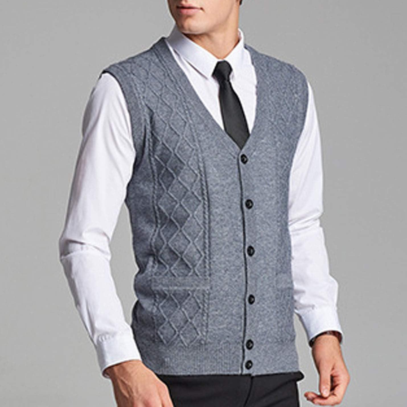 imageFlygo Mens VNeck Wool Knitted Sweater Vest Knitwear Waistcoat with Button FrontLight Grey