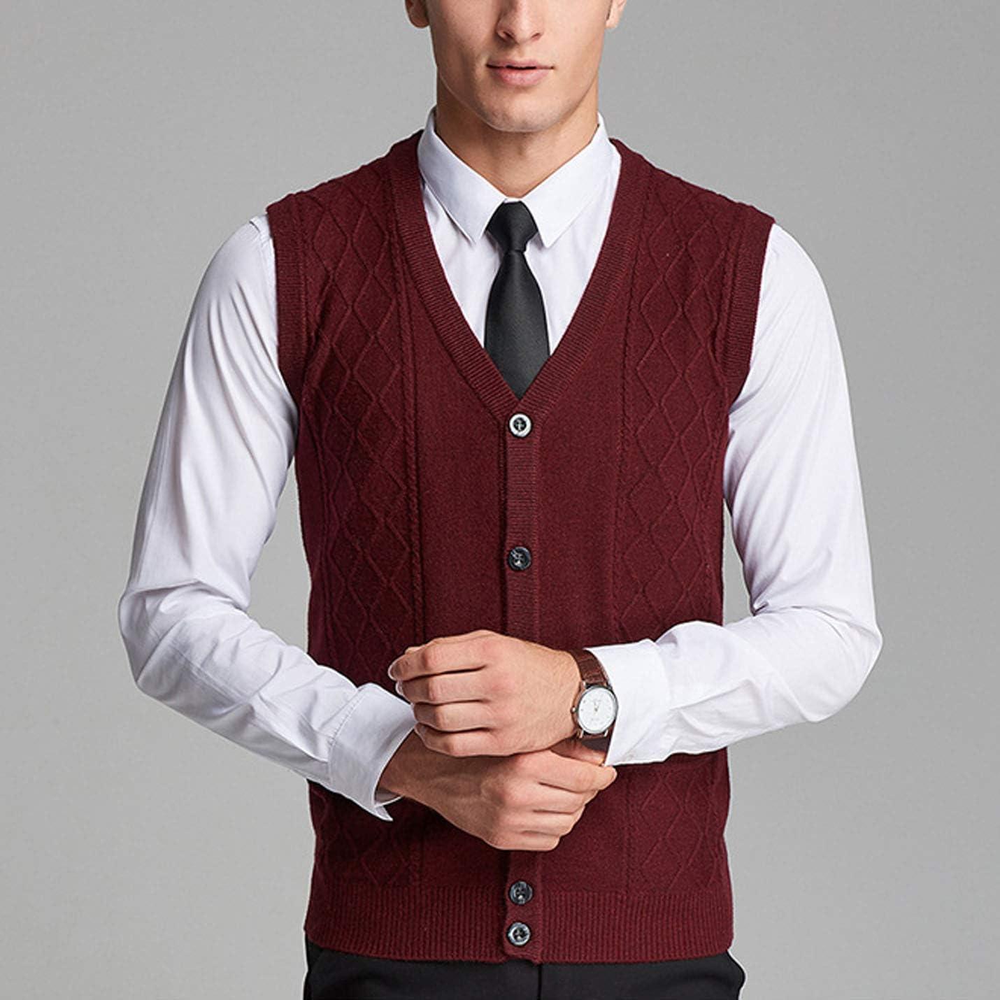 imageFlygo Mens VNeck Wool Knitted Sweater Vest Knitwear Waistcoat with Button FrontWine Red