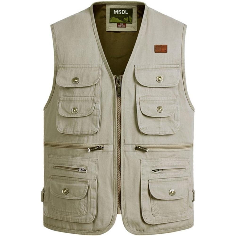 imageFlygo Mens 100 Cotton Outdoor Multiple Pockets Safari Fishing Journalist Vest Waistcoat Large CreamyWhite