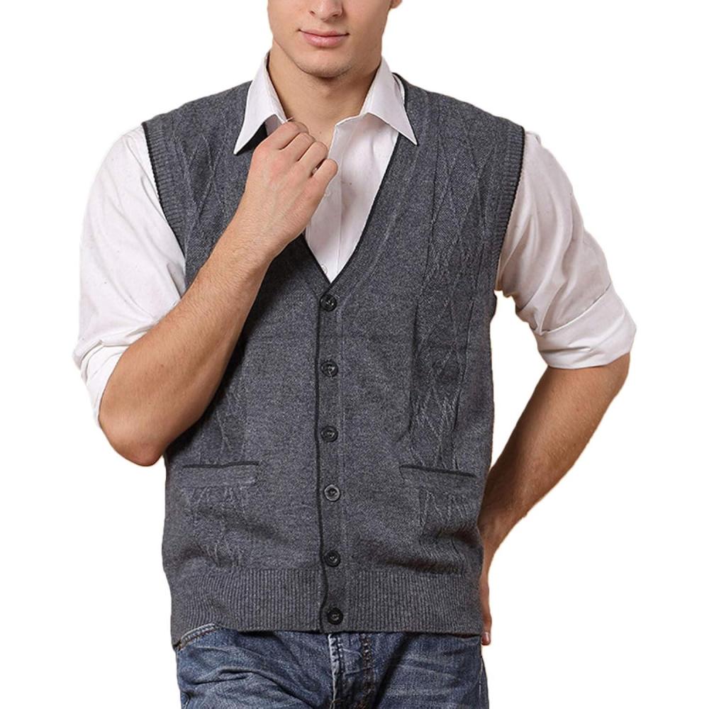 imageFlygo Mens Basic VNeck Jacquard Knitted Sweater Vest Waistcoat with Button FrontDark Grey