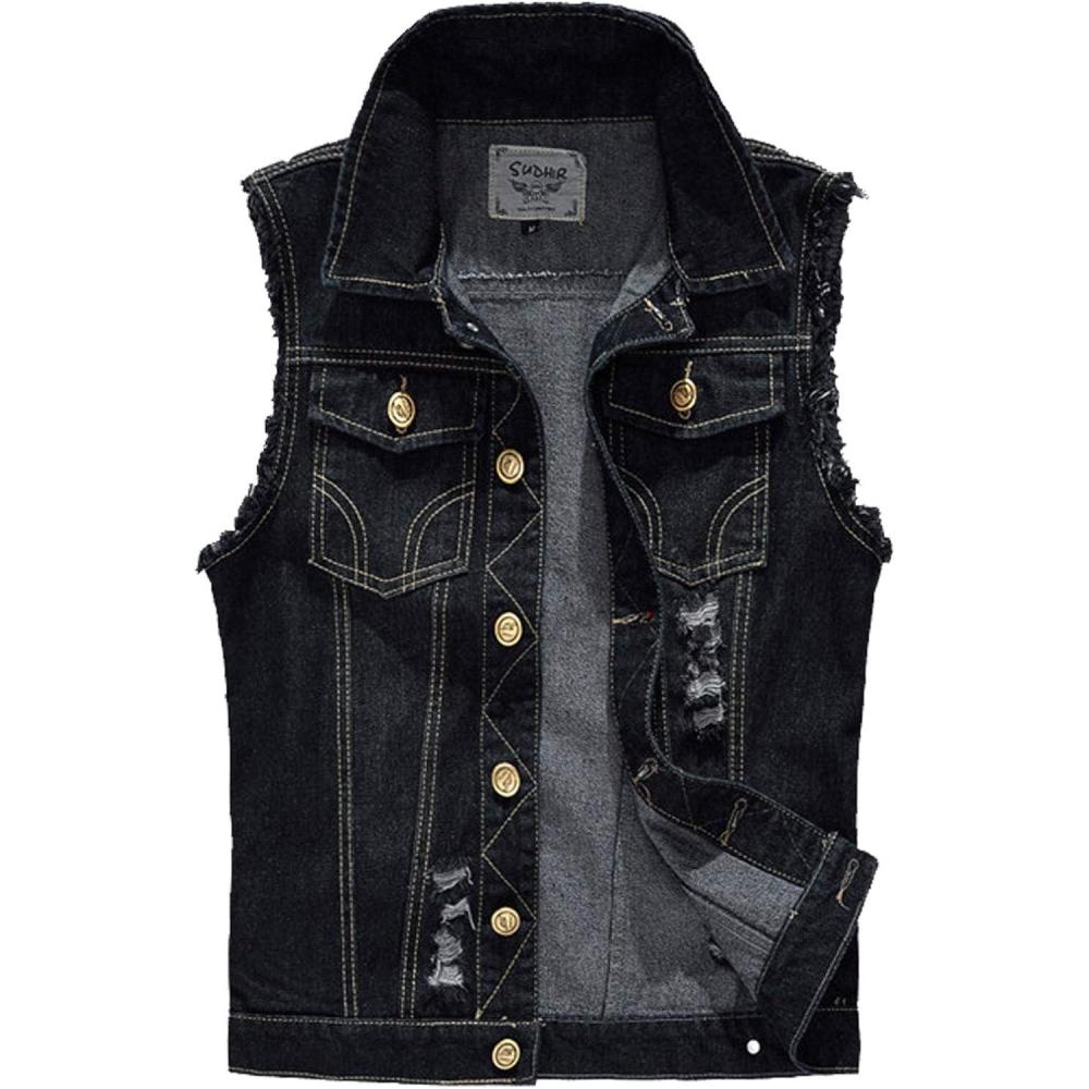 imageFlygo Mens Button Down Distressed Denim Vest Ripped Trucker Jean OutwearBlack