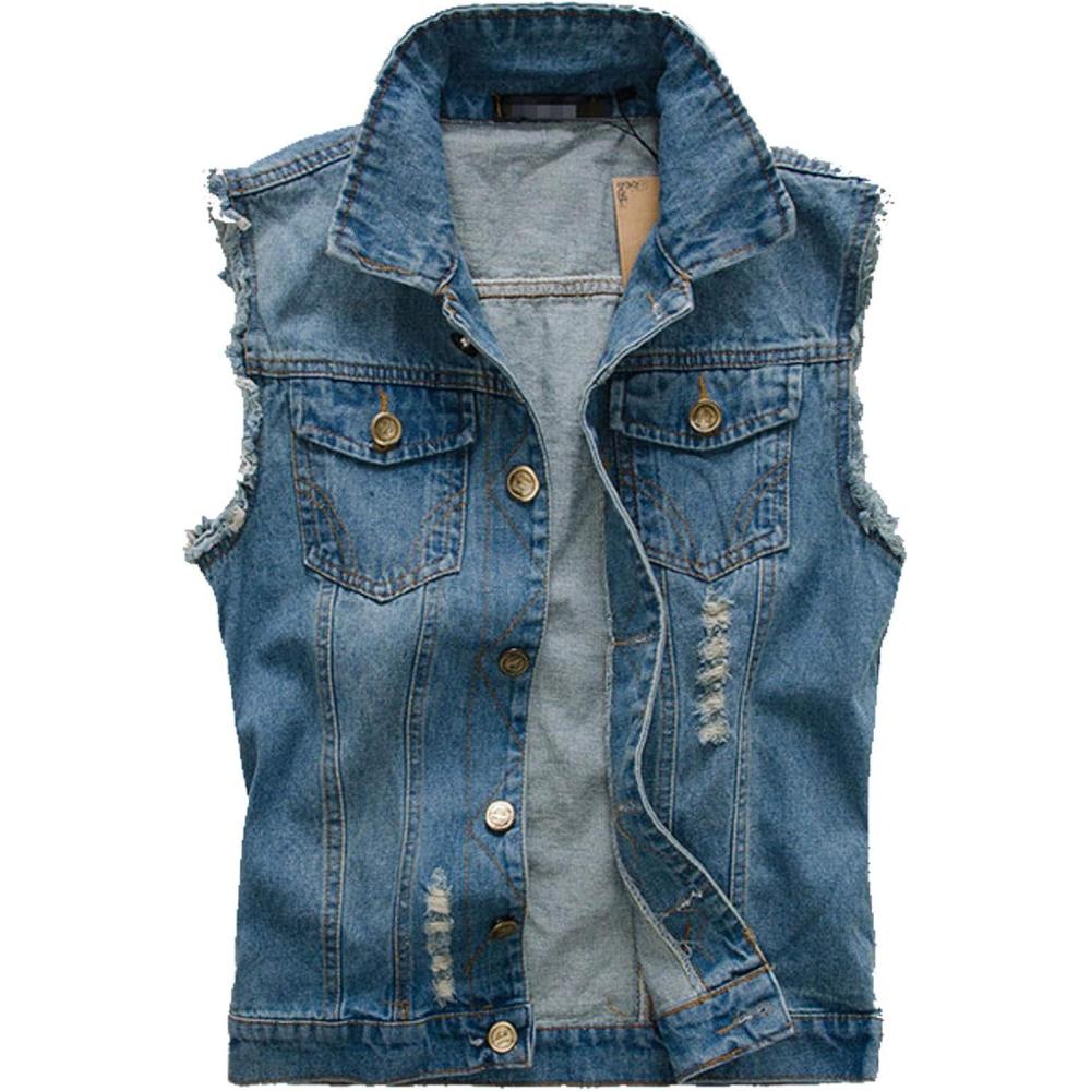 imageFlygo Mens Button Down Distressed Denim Vest Ripped Trucker Jean OutwearBlue