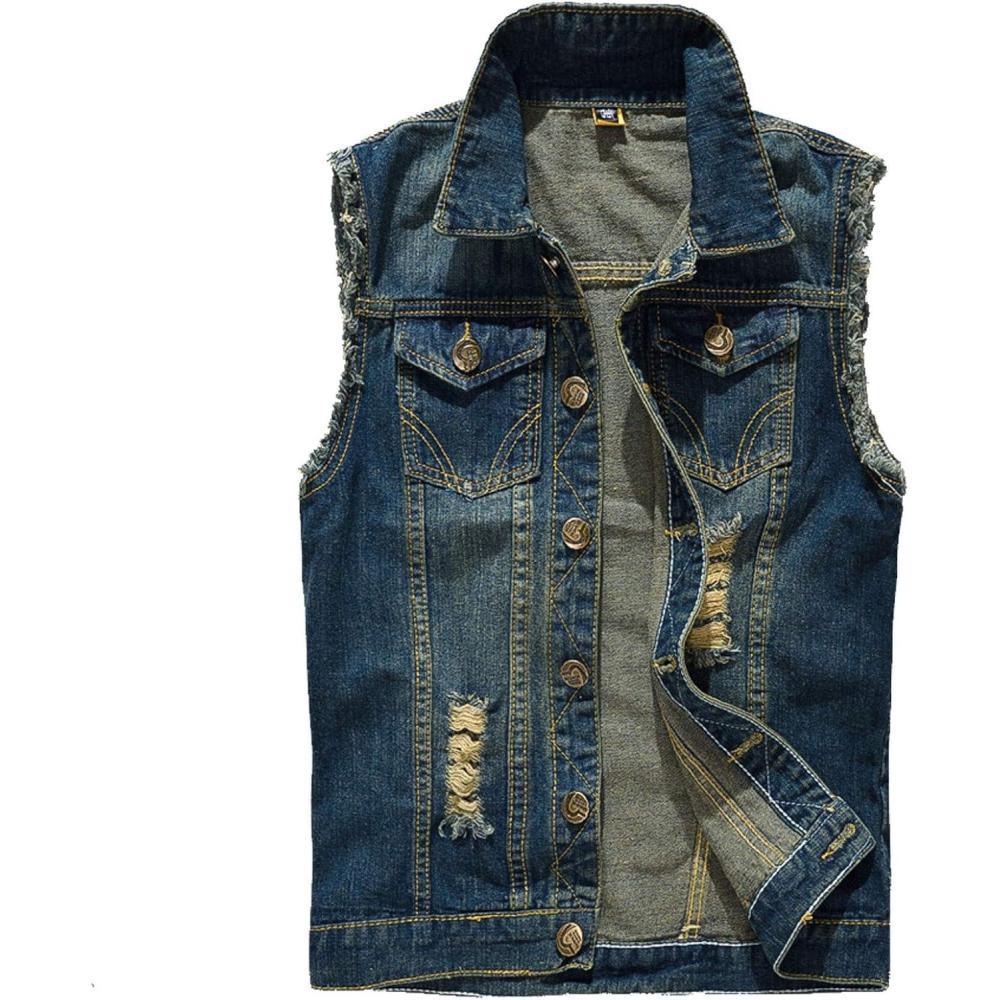 imageFlygo Mens Button Down Distressed Denim Vest Ripped Trucker Jean OutwearDark Blue