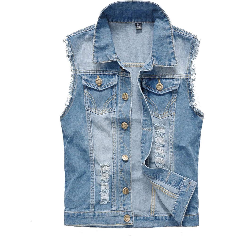 imageFlygo Mens Button Down Distressed Denim Vest Ripped Trucker Jean OutwearLight Blue