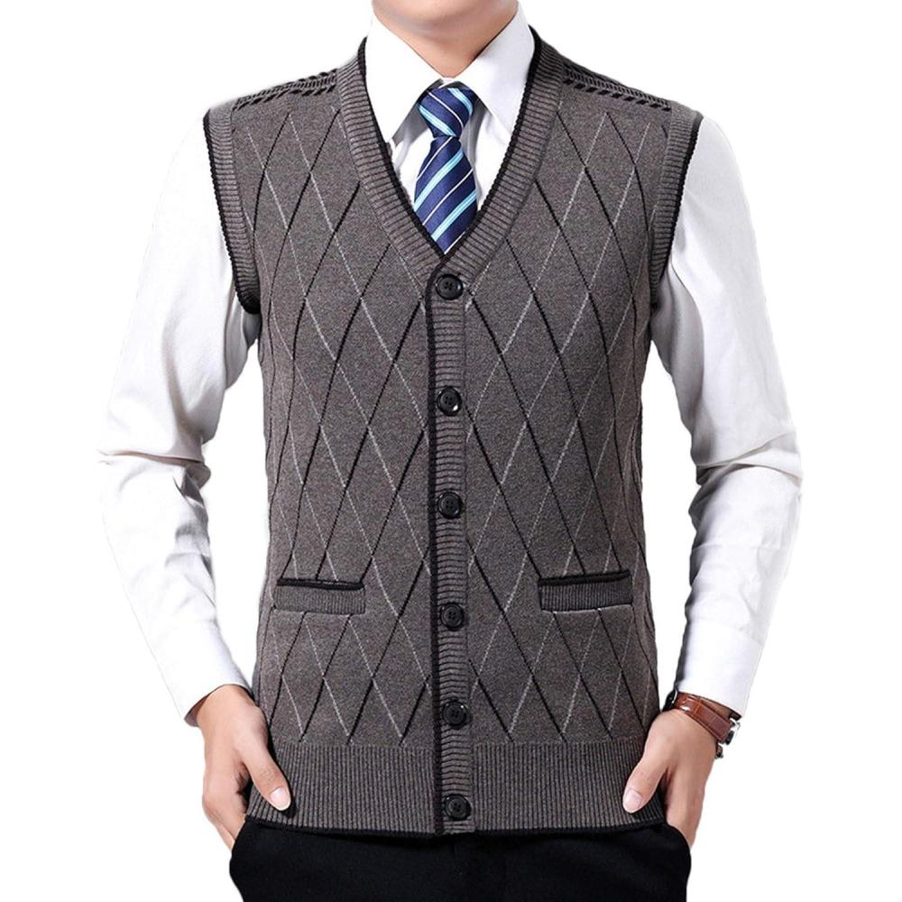 imageFlygo Mens Casual Argyle V Neck Button Front Wool Knitted Sweater Vest WaistcoatCoffee