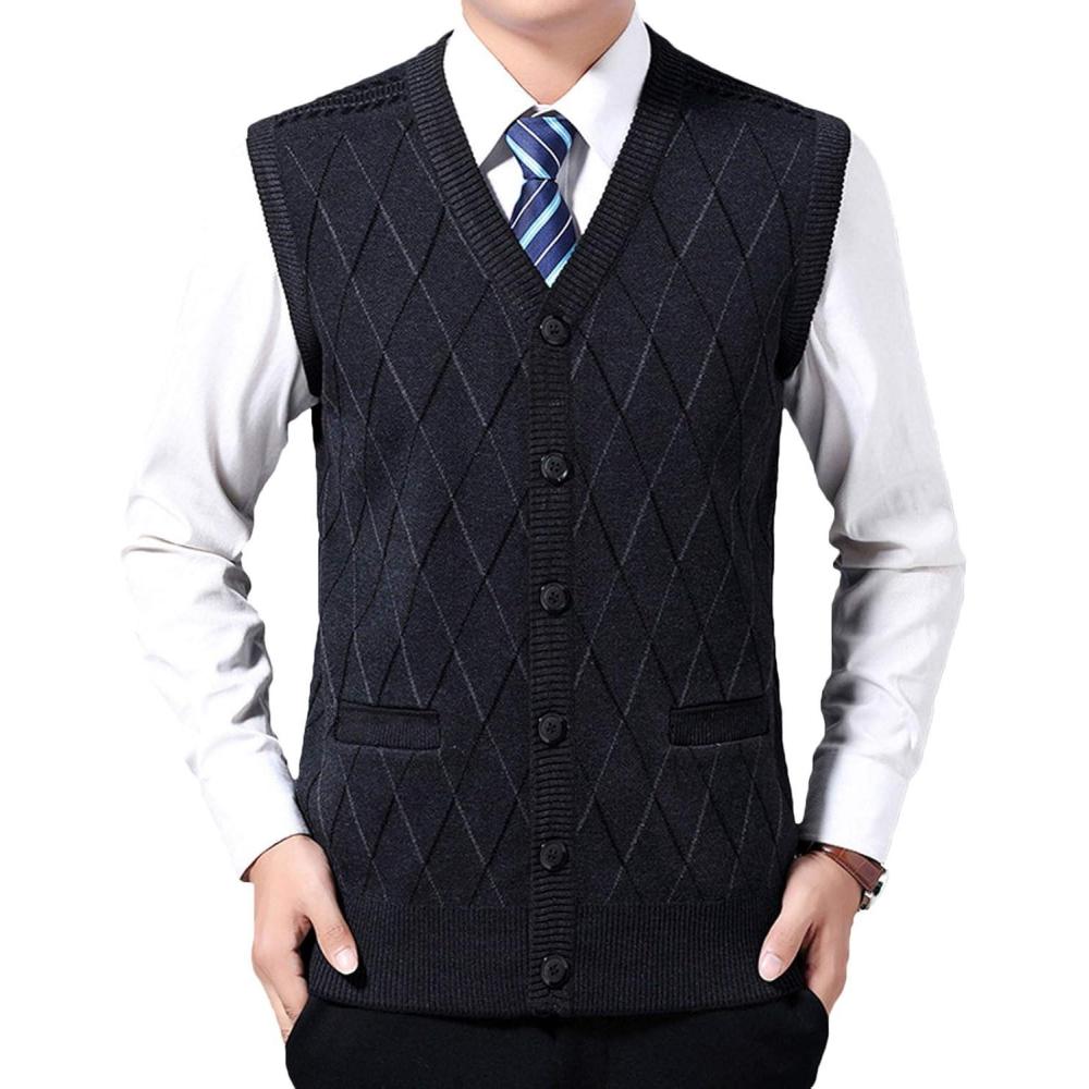 imageFlygo Mens Casual Argyle V Neck Button Front Wool Knitted Sweater Vest WaistcoatNavy