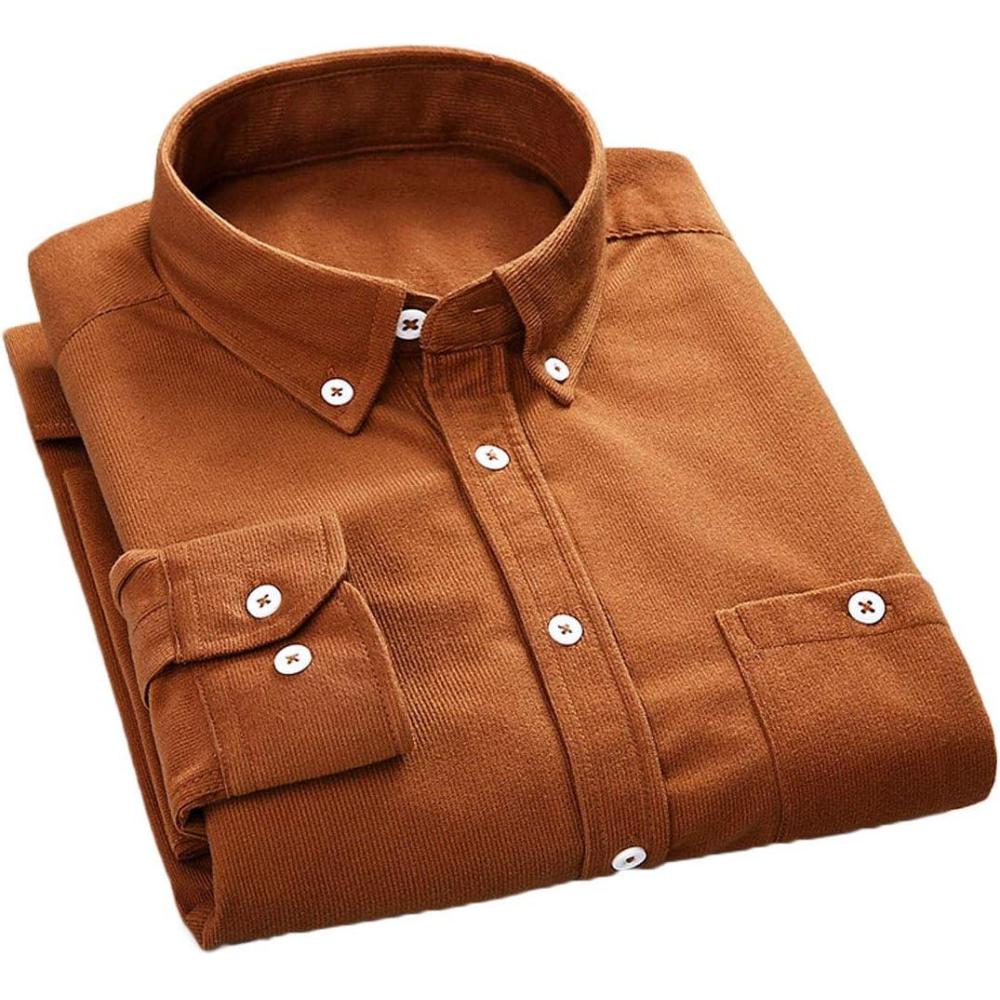imageFlygo Mens Casual Corduroy Shirt Button Down Long Sleeve Solid Tops Shirts JacketKhaki