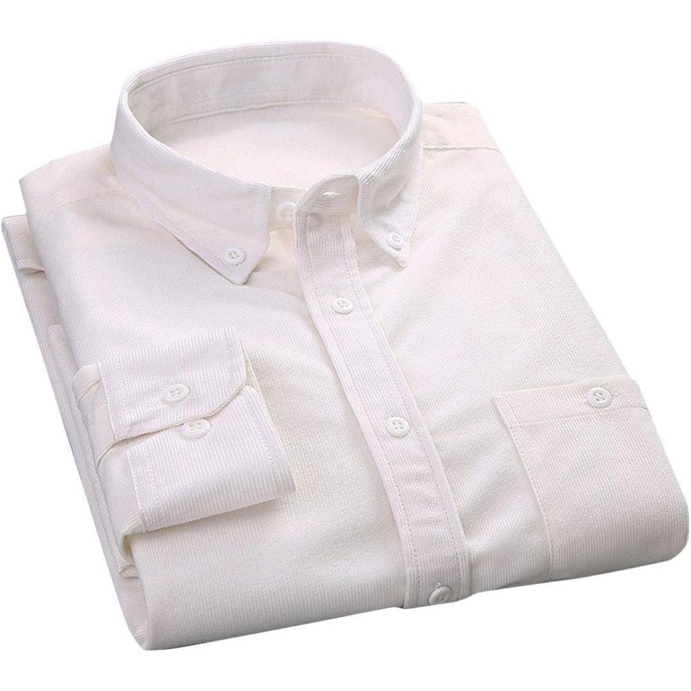 imageFlygo Mens Casual Corduroy Shirt Button Down Long Sleeve Solid Tops Shirts JacketWhite