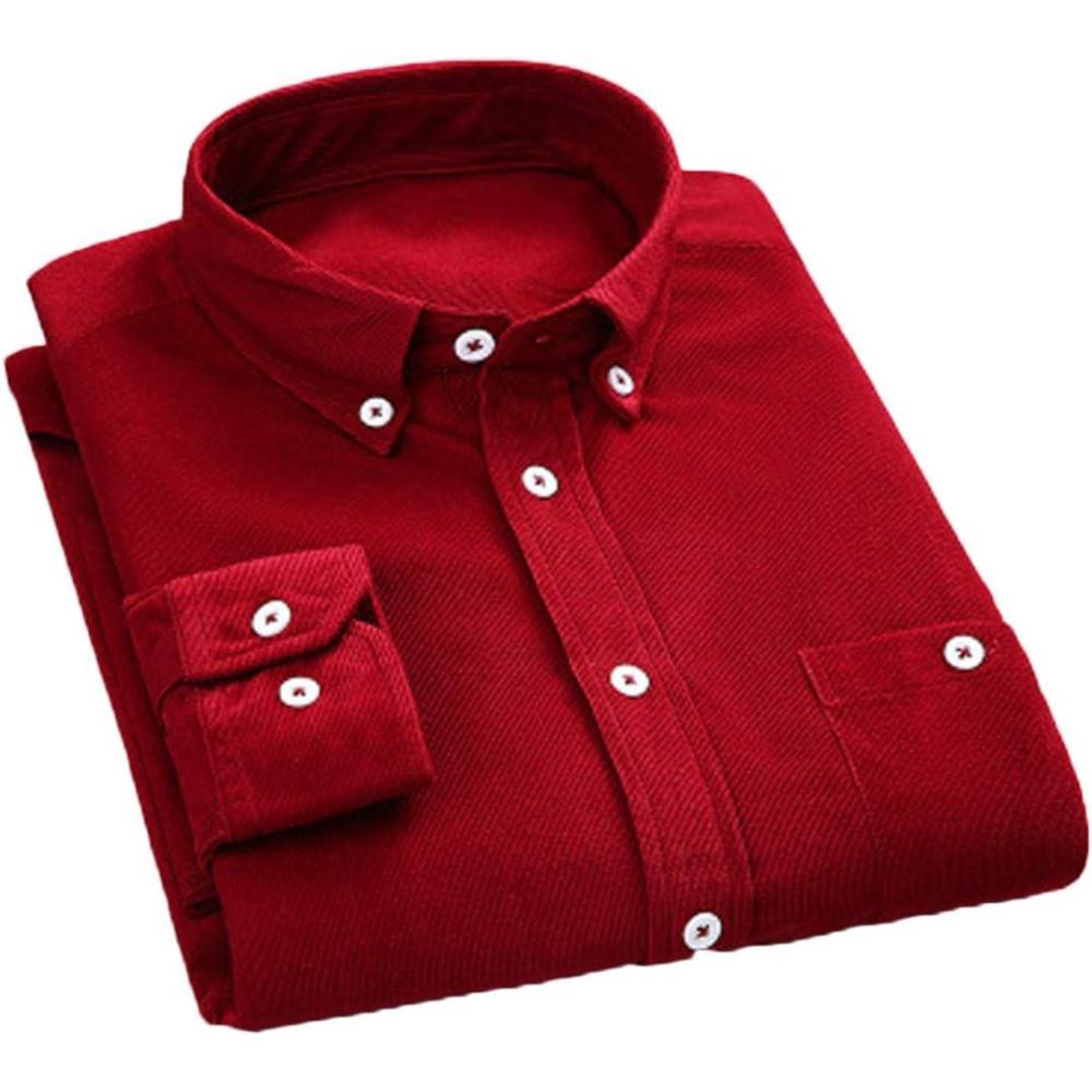 imageFlygo Mens Casual Corduroy Shirt Button Down Long Sleeve Solid Tops Shirts JacketWine Red