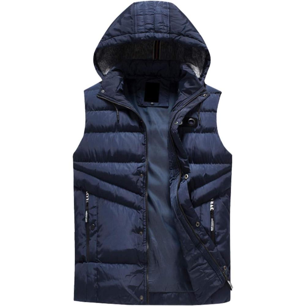imageFlygo Mens Casual Warm Plus Size Down Puffer Quilted Outdoor Hooded Vest OutwearBlue