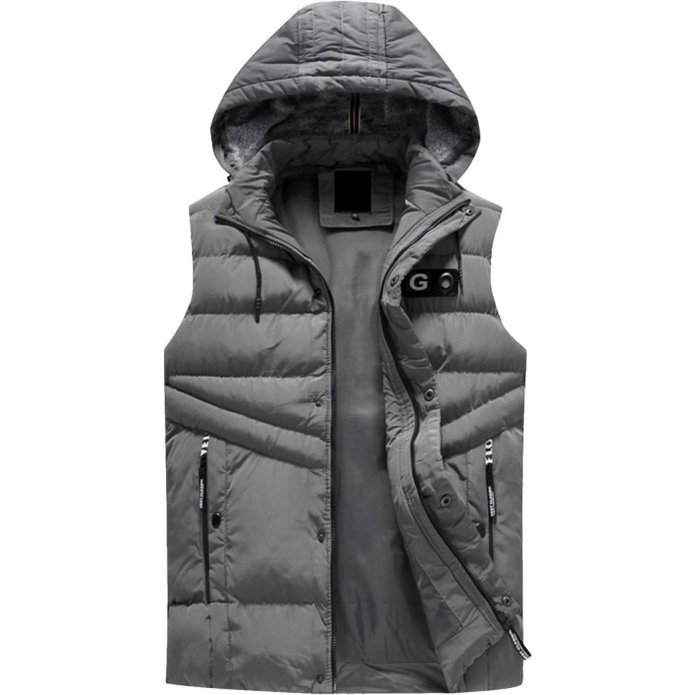 imageFlygo Mens Casual Warm Plus Size Down Puffer Quilted Outdoor Hooded Vest OutwearGrey