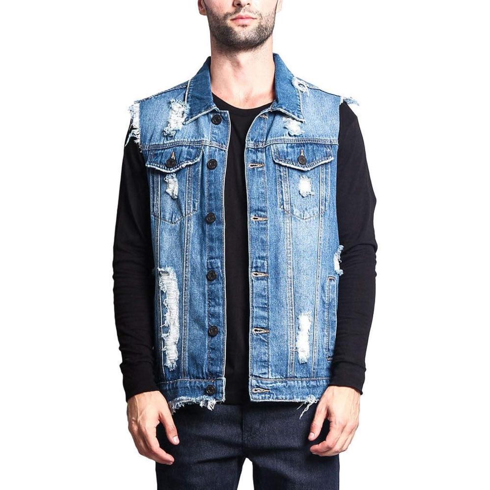 imageFlygo Mens Classic Button Down Ripped Denim Jean Vest Sleeveless JacketDark Blue