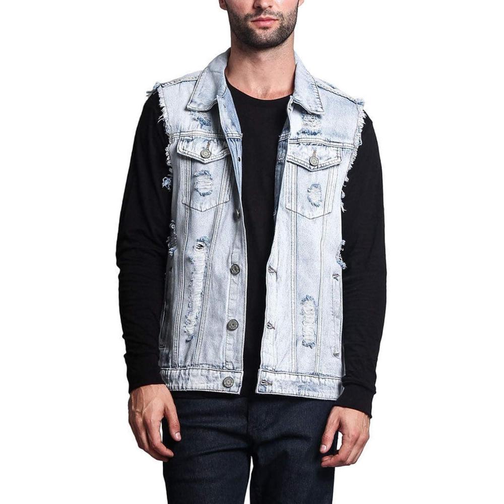 imageFlygo Mens Classic Button Down Ripped Denim Jean Vest Sleeveless JacketLight Blue