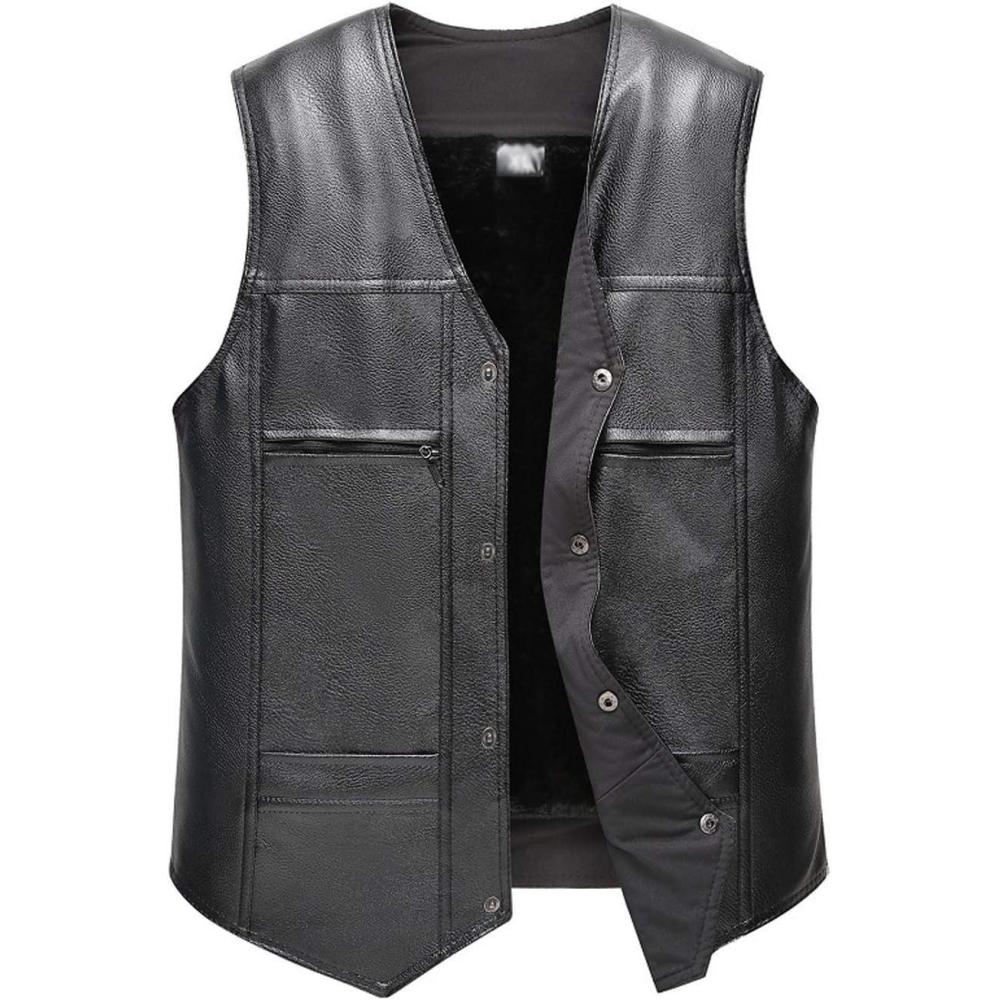 imageFlygo Mens Classic PU Leather Vest Fleece Sherpa Lined Waistcoat Sleeveless Button Down V Neck JacketBlack