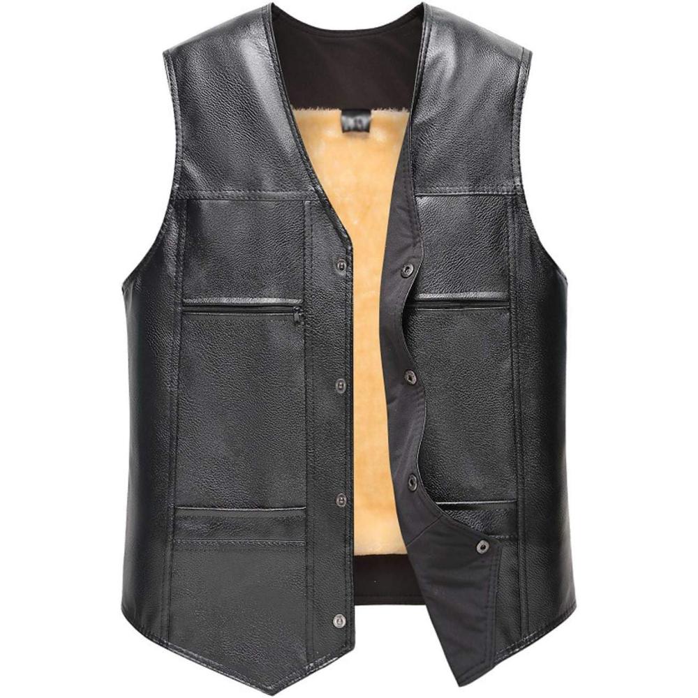 imageFlygo Mens Classic PU Leather Vest Fleece Sherpa Lined Waistcoat Sleeveless Button Down V Neck JacketLight Yellow
