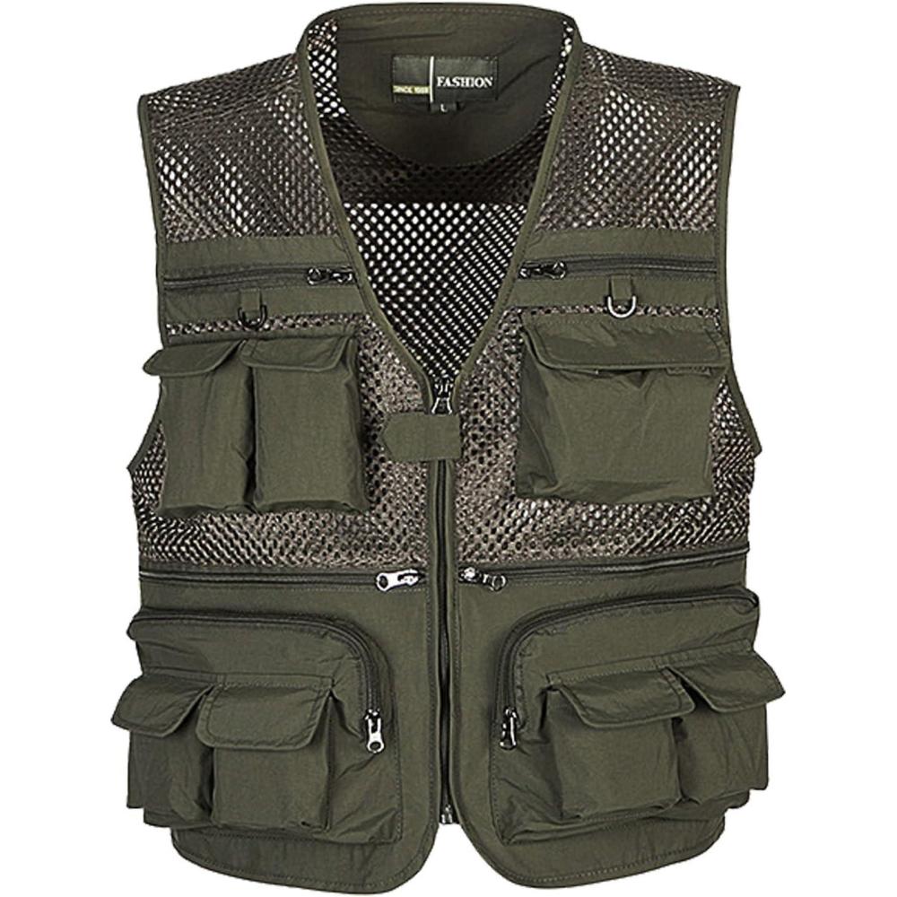 imageFlygo Mens Mesh Fishing Vest Outdoor MultiPocket Photography Journalists Vest 02 Army Green XSmall