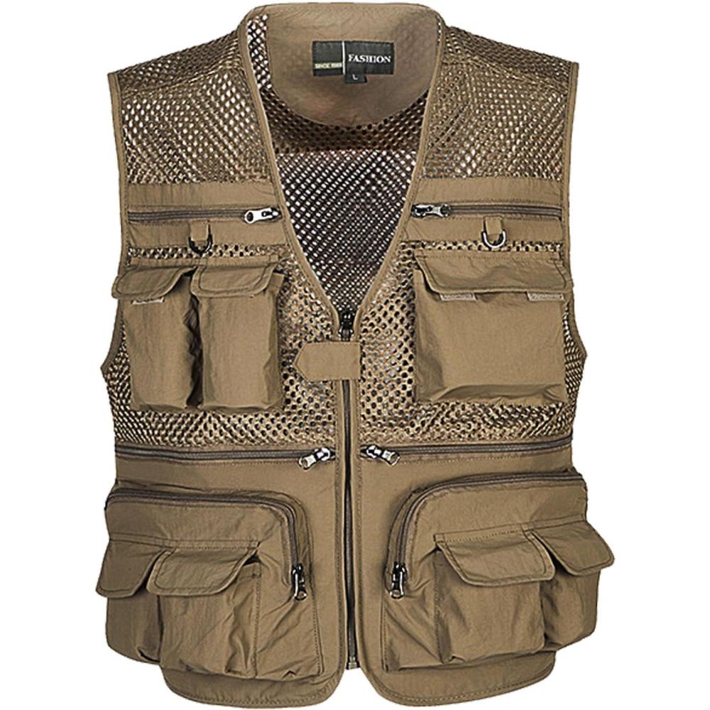 imageFlygo Mens Mesh Fishing Vest Outdoor MultiPocket Photography Journalists Vest 02 Khaki XSmall