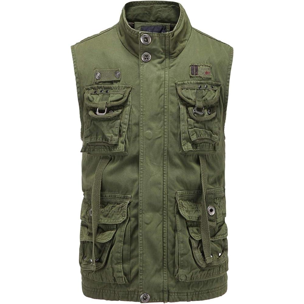 imageFlygo Mens Military Outdoor Multi Pockets Climbing Hiking Sleeveless Cotton Mesh Vest JacketGrass Green