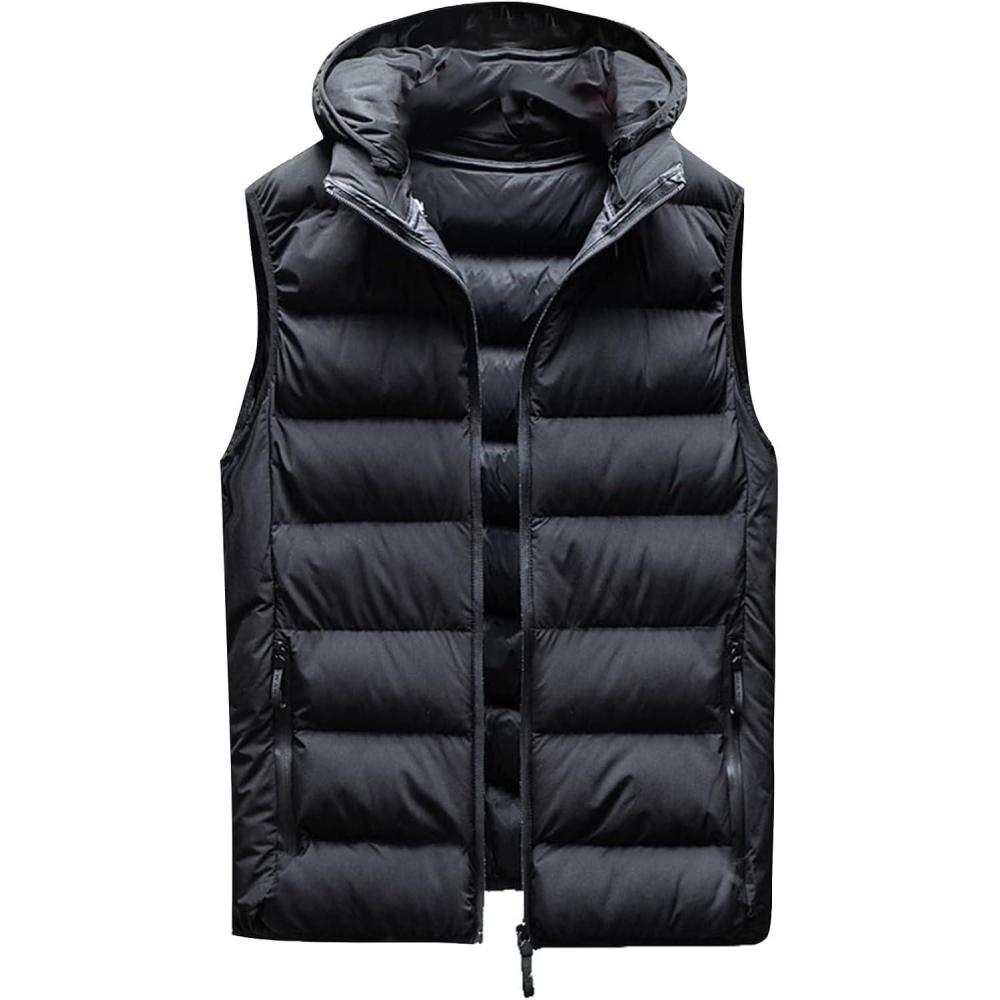 imageFlygo Mens Outdoor Hooded Padded Puffer Vest Lightweight Sleeveless Down JacketBlack