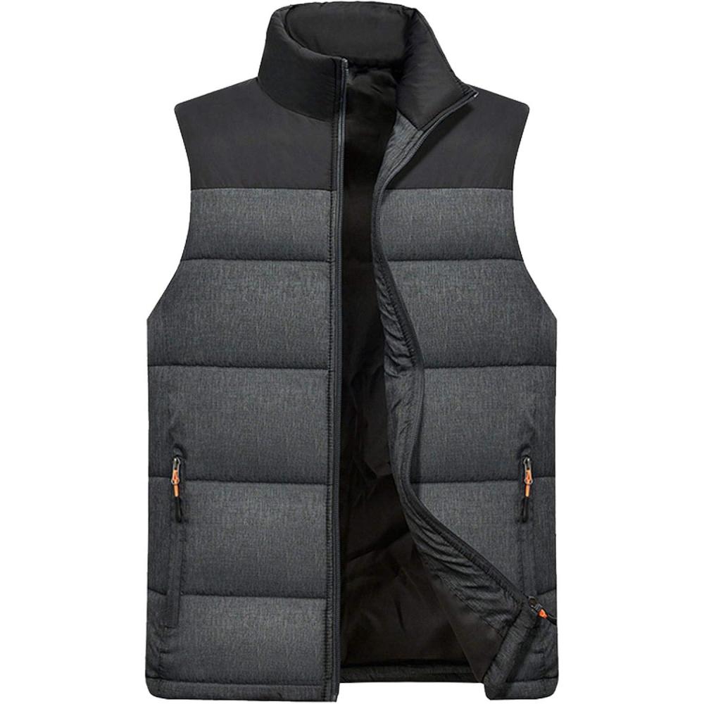 imageFlygo Mens Outdoor Stand Collar Quilted Padded Vest Sleeveless Jacket OutwearDark Grey