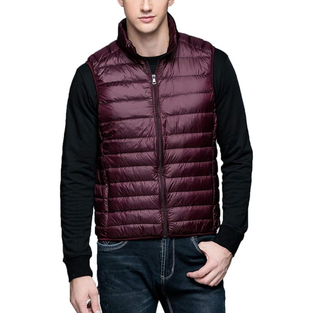 imageFlygo Mens Packable Lightweight Quilted Down Puffer Vest Insulated Gilet Jacket CoatWine Red