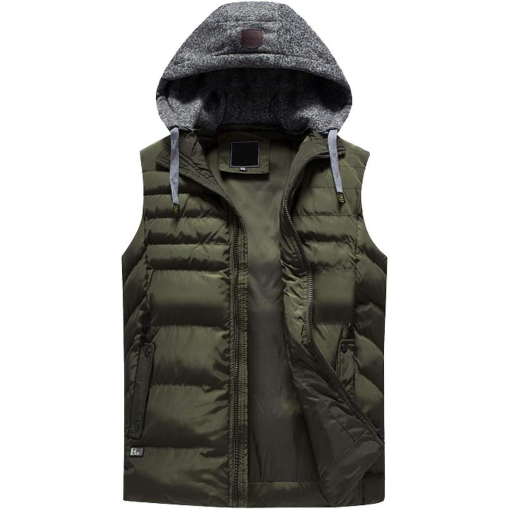 imageFlygo Mens Plus Size Puffer Sleeveless Vest Jacket with Removable HoodedGreen