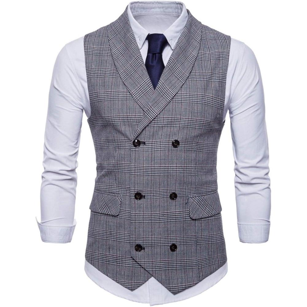 imageFlygo Mens Slim Fit Plaid Formal Business Vest for Suit Tuxedo WaistcoatGrey