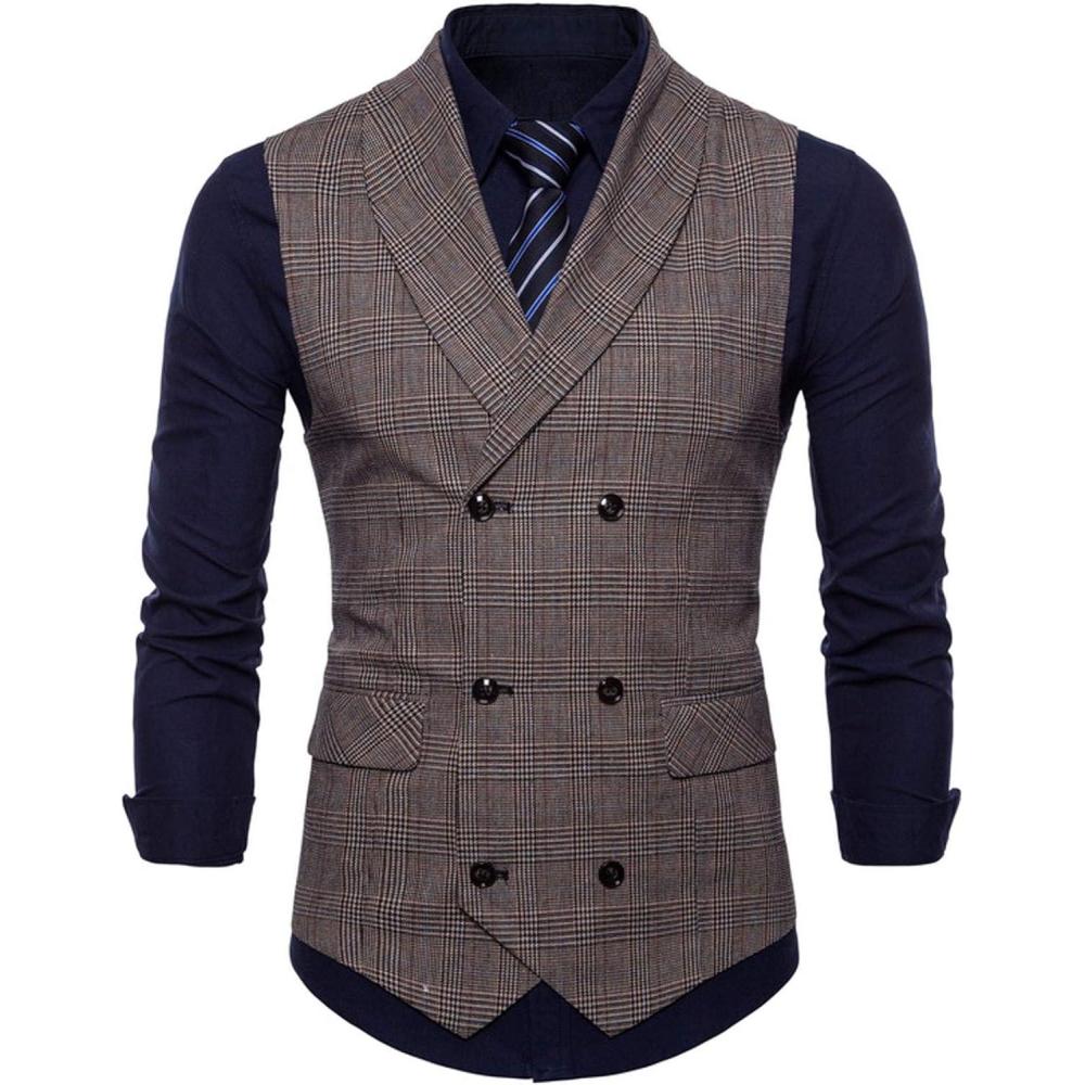imageFlygo Mens Slim Fit Plaid Formal Business Vest for Suit Tuxedo WaistcoatKhaki